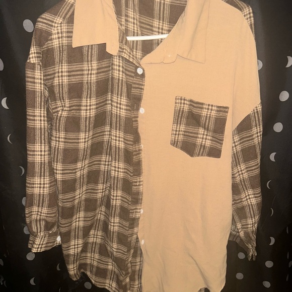 SHEIN Tops - SHEIN Tan and Black Plaid Shirt